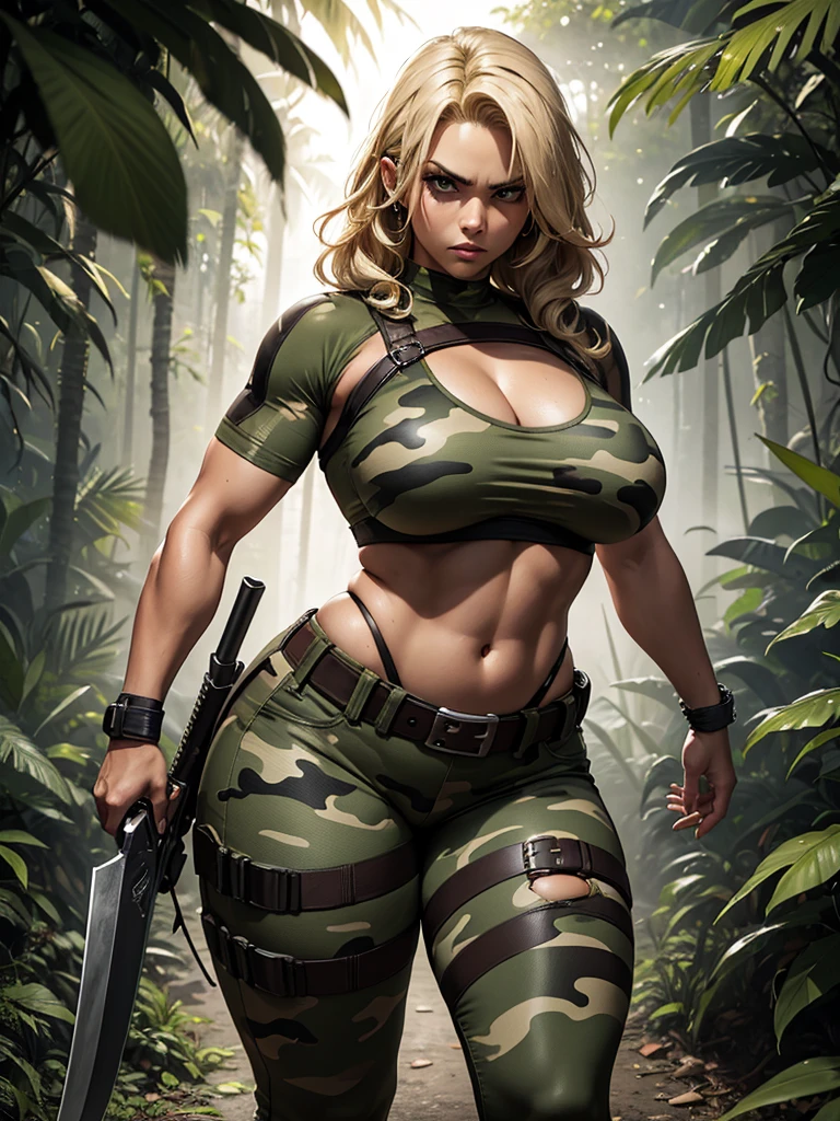 curvy woman, aggressive pose, bullet belt crossing her torso, holding two machetes, camouflage pants, blonde hair, broken muscles, dark skin, curly hair, pronounced hips, thick thighs, flat abdomen, Amazon jungle background, high definition , rtx lighting, full body focus, bandit expression.
