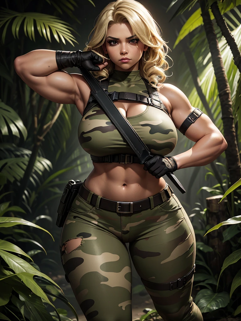 curvy woman, aggressive pose, bullet belt crossing her torso, holding two machetes, camouflage pants, blonde hair, broken muscles, dark skin, curly hair, pronounced hips, thick thighs, flat abdomen, Amazon jungle background, high definition , rtx lighting, full body focus, bandit expression.