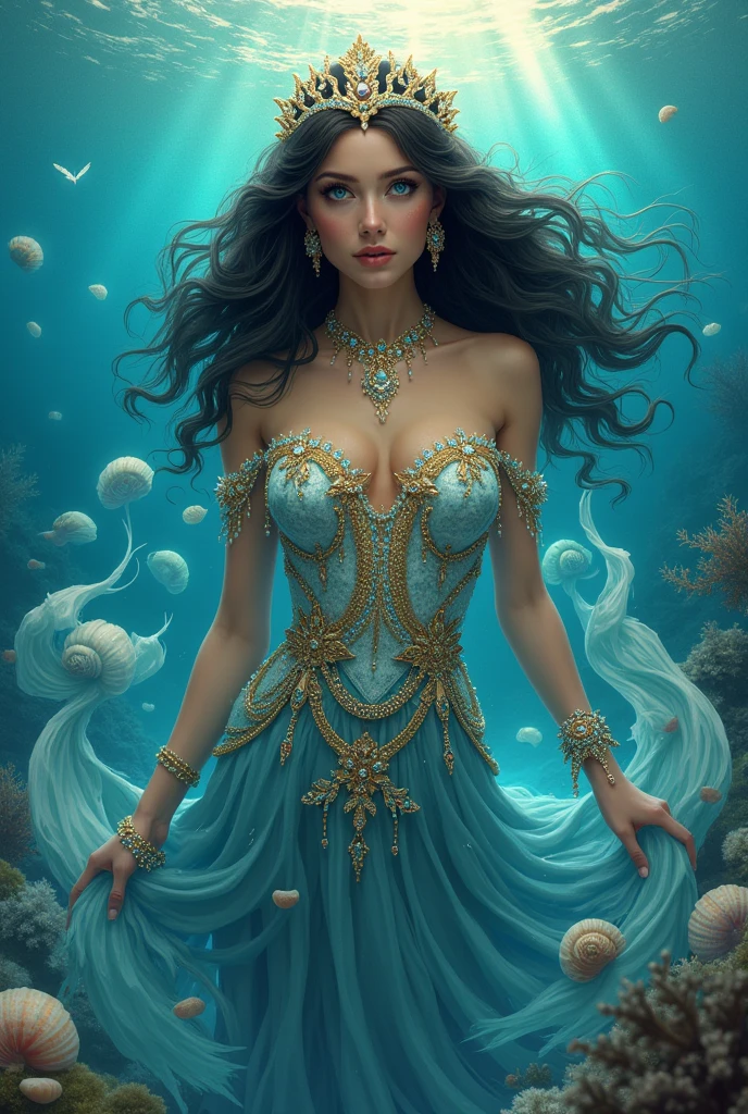 Beautiful woman long wavy black hair. wind, Queen of the sea, dressed in celestial and golden pearls, eggs, stormy sea, snails, bright blue eyes, sexy, champagne, jewelry, whole body, umbanda, iemanja, blue, ropa vestido blue y plateado, sexy, inside the sea, jewelry, long necklaces