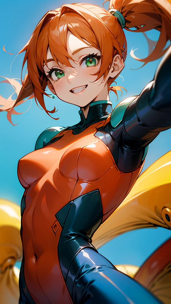 1 Girl、Anime-style paintings、solo、Side Ponytail、Bright orange hair、Bright green eyes、family of shrimp、Blue bodysuit with ethnic pattern、Grin、Small breasts、Red gloves、Light Blue Background, Simple Background, Jump, Lively poses、Upper body close-up