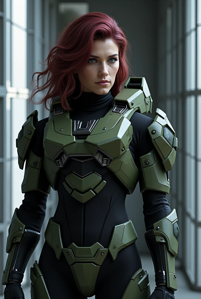 A halo soldier, without helmet, with wavy wine-colored hair