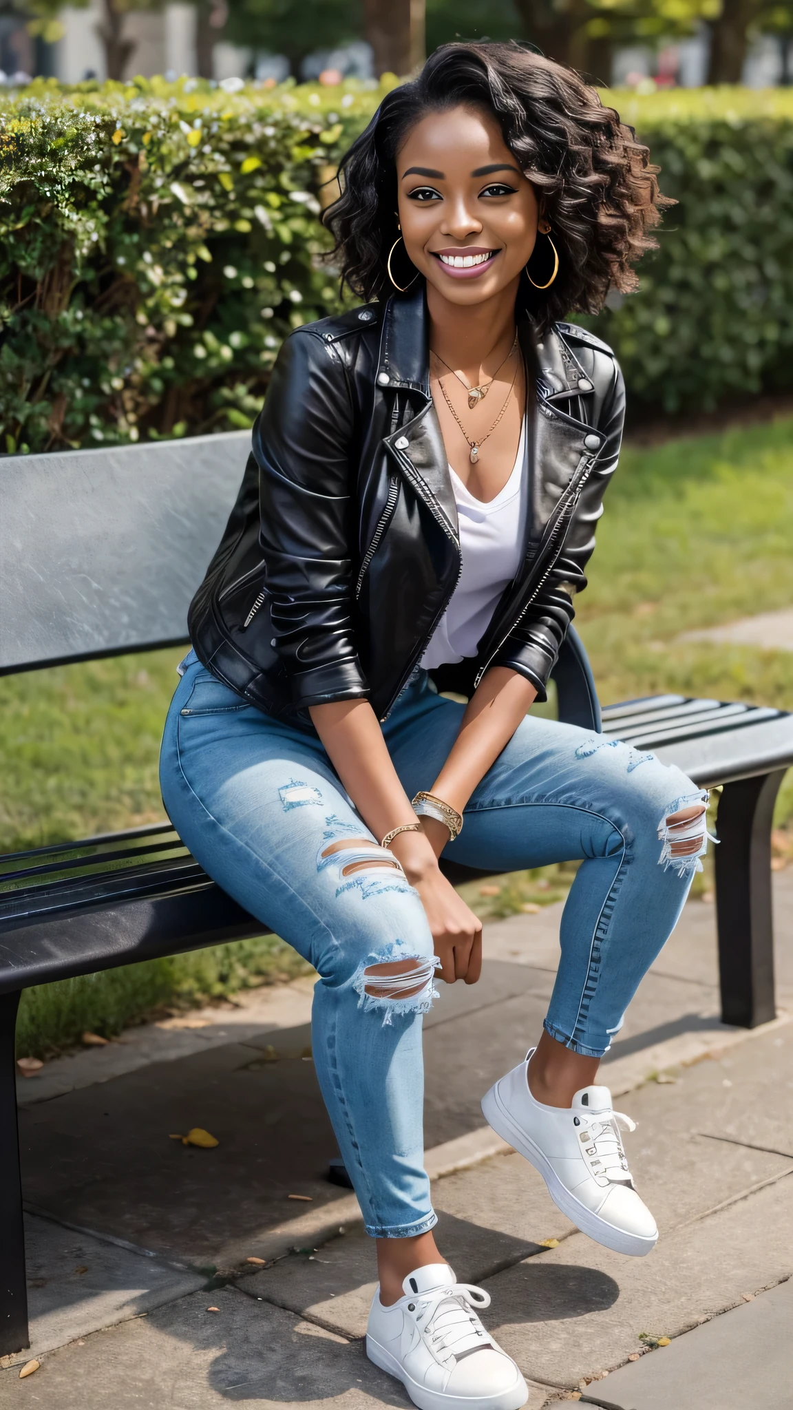 Super Resolution、Beautiful Black Woman、Full body photo、sitting on a park bench、Short Haircut、、Wavy Hair、Ear piercing、necklace、leather jacket、shirt、Skinny jeans、sneakers、smile、Beautiful teeth alignment