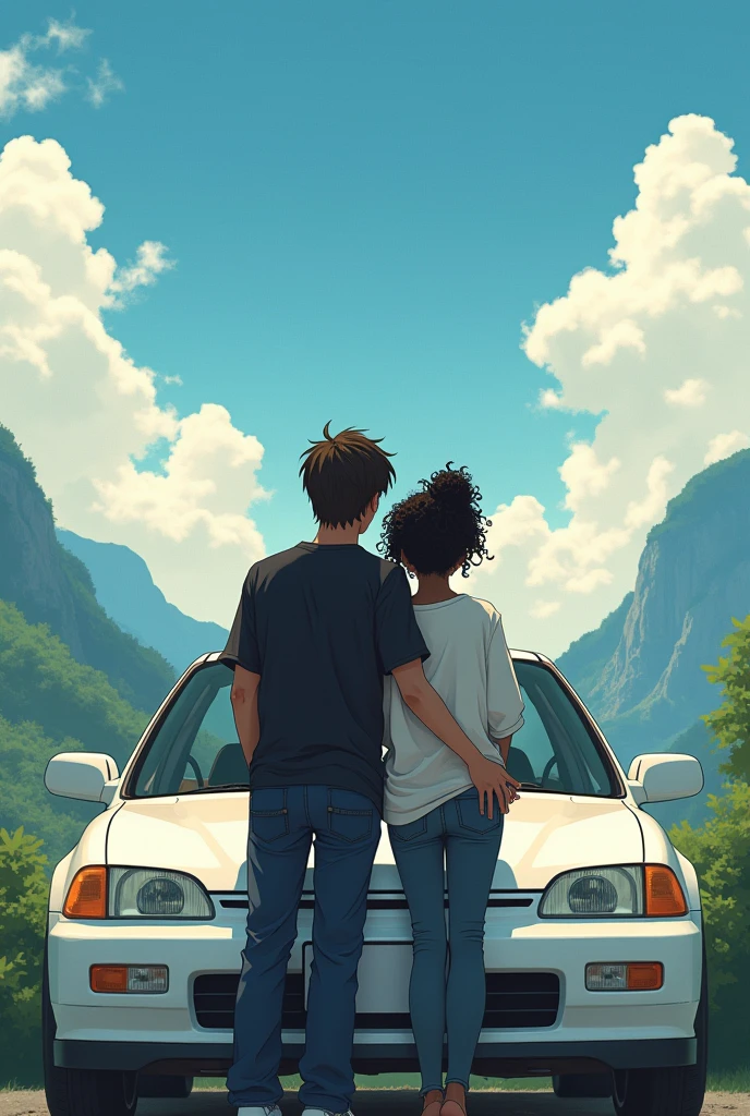 Couple leaning against a white 1995 Honda Civic coupe, envisioning a beautiful landscape. The husband is white, has 1.73 tall and weighs 63kg. He has straight, dark brown hair., light brown eyes and black loose shirt. The woman is black, has 1.59 tall and weighs 46kg. Ela tem black power. Japanese anime style photo. The woman is black!!! black woman with curly hair