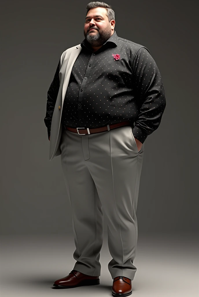 I have a black shirt with very very small pink dots and I want to combine it with a formal light grey suit, a jacket and light grey formal trousers and elegant brown shoes., The shirt has a black and white line with a design similar to flowers but that is hidden when pointed at, create an image with that description, It is for a person a little fat man not much, He doesn&#39;t look obese, just overweight, he weighs 90 kilos and is 1..72 cm, black shirt with very very small pink dots and has a beard, The dots are pink but very very small , a little thinner, the much smaller points, Much smaller black spots and beard, the lightest and thinnest grey suit 