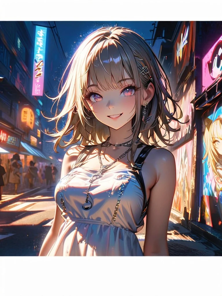 1 girl, chromatic aberration, Written boundary depth, Soft Light, masterpiece, Highest quality, complicated, Tone Mapping, A place where fireworks are set off at festivals. Concept Art, Smooth, Clear focus, Dramatic lighting, Very cinematic, super practical painting, アートステーション's trending, 8k, Incredible Shadows, practical, whole body, View, Viewers, Portrait of a Girl 1, standing on street corner, Heavy rain and lightning、Dark Sky, neon and cyber punk background, she is dressed in punk clothing with silver chains and silver spikes, Her hair was dyed light brown...............Ominous aura of light, smile, punk, ciber punk, Backlight.Fashionable clothes、Friendly dress code: Wearing a white dress.My breasts are a little big