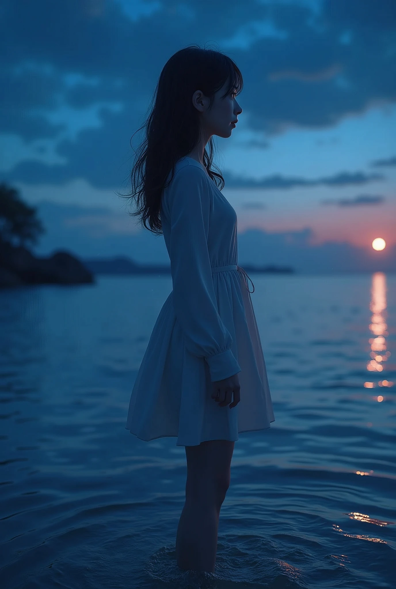 A cute Japanese girl on the beach at night, standing on her tiptoes and entering the water, beautiful detailed eyes, beautiful detailed lips, extremely detailed eyes and face, long eyelashes, slim dress, beautiful scenery, horizon and sea, side view, ripples spreading from her toes, standing about 20 meters away, over the sea, the entire scene shimmering with illumination, (best quality,4k,8k,highres,masterpiece:1.2),ultra-detailed,(realistic,photorealistic,photo-realistic:1.37),HDR,UHD,studio lighting,ultra-fine painting,sharp focus,physically-based rendering,extreme detail description,professional,vivid colors,bokeh,photography,night scene:1.2,RAW photo:1.2,hyper-realistic:1.4,masterpiece:1.3,highest quality:1.4