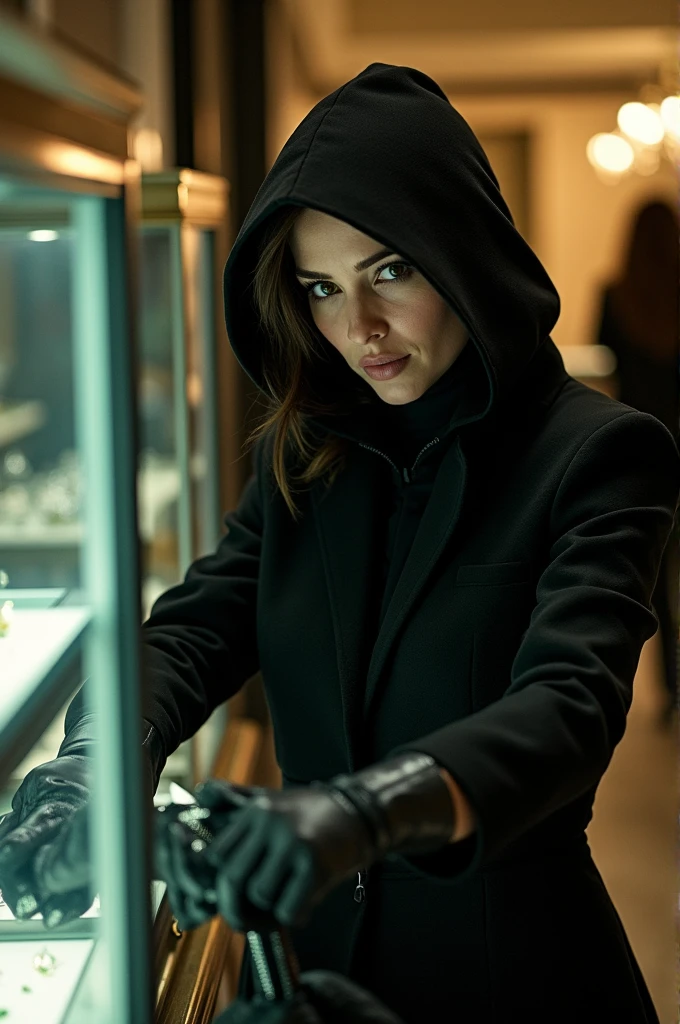 natalie portman qui porte une cagoule et qui porte des gants en cuir et qui fait un braquage dans une bijouterie avec un sac et un pistolet et quei vide la vitiride