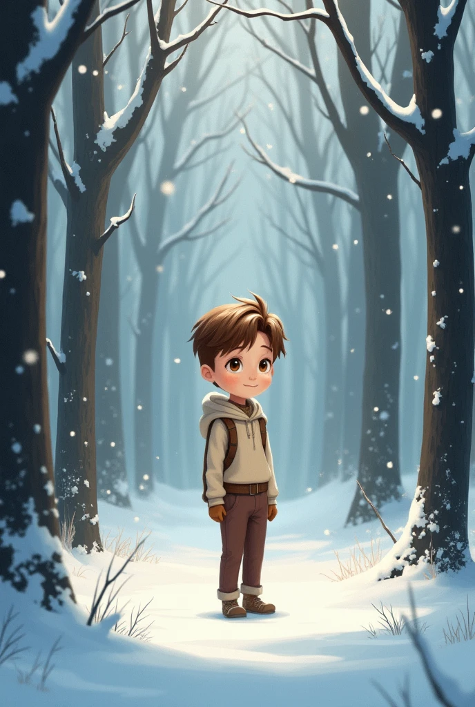 a young boy, clear skin, Brown hair, Brown eyes, in the middle of a snowy forest