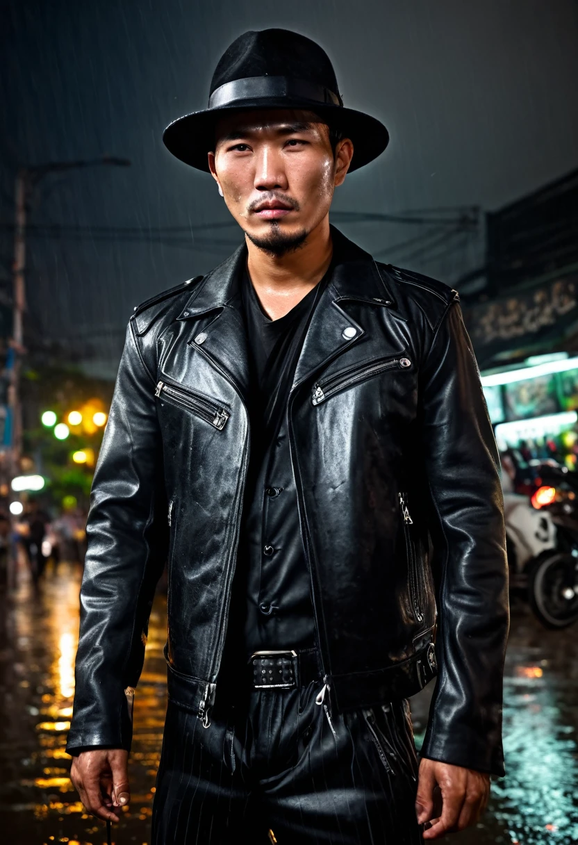 Tough guy Asian criminal in Black Leather Jacket, black gangster felt hat, black business suit, part of a dragon tattoo visible on neck, mean expression, rainy bangkok night