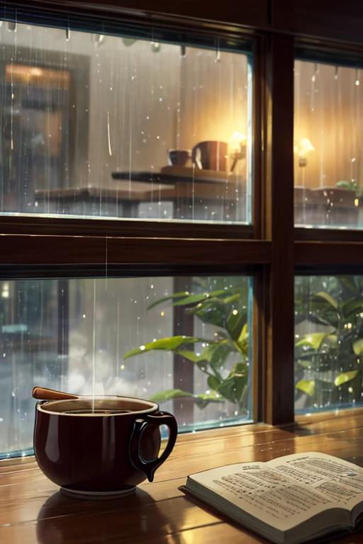 On a rainy afternoon, you enter a cozy cafe with wooden furniture. The aroma of fresh coffee and the soft sound of rain on the window create a relaxing atmosphere. Settle in with an old book and a steaming cup as you reflect on your life amidst the calm and nostalgia typical of lo-fi style. empty place