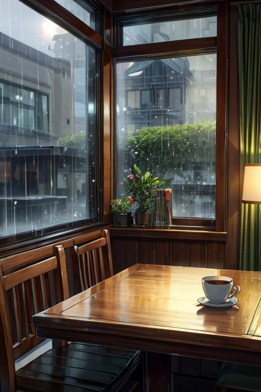On a rainy afternoon, you enter a cozy cafe with wooden furniture. The aroma of fresh coffee and the soft sound of rain on the window create a relaxing atmosphere. Settle in with an old book and a steaming cup as you reflect on your life amidst the calm and nostalgia typical of lo-fi style. empty place