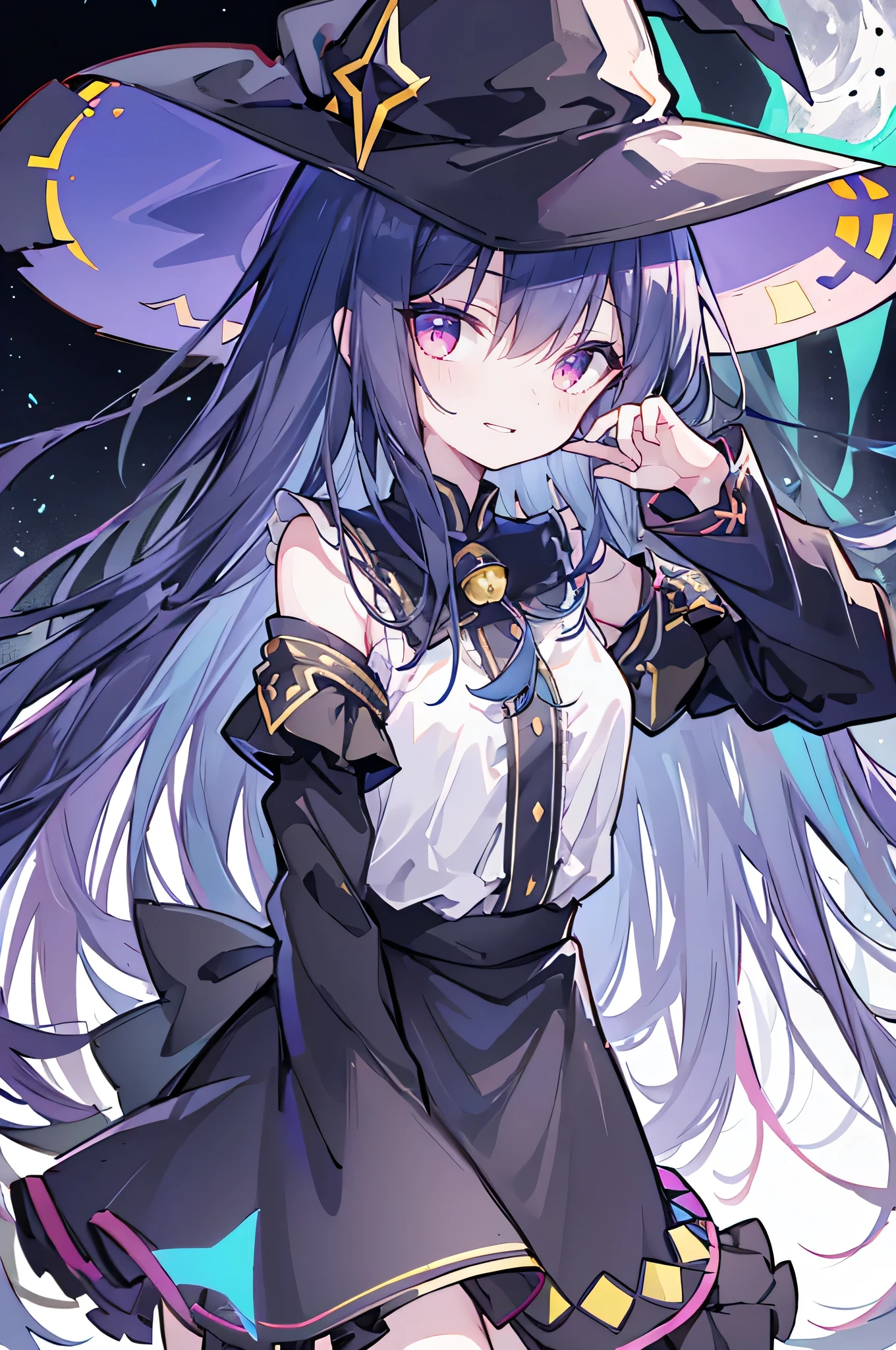 oung Girls,Humanity,A magician always smiles,big witch hat,cute,dark blue long hair,The eyes are dull,The bangs are heavy,Thin eyebrows,fantasy,intake,Double teeth,Star Theme,Constellation pattern,Solid color clothetal decoration,cloak,A bit of a dark atmosphere,A little crazy smile,When the big moon shines outside at night,blood,Hair black star embellishment,Short tie,No nails,High waist skirt,Bell sleeves,Long-sleeved shirt,Black tie,low risk,gentlemen。Mist、Yellow and white effect,Shocking pink as an accent color