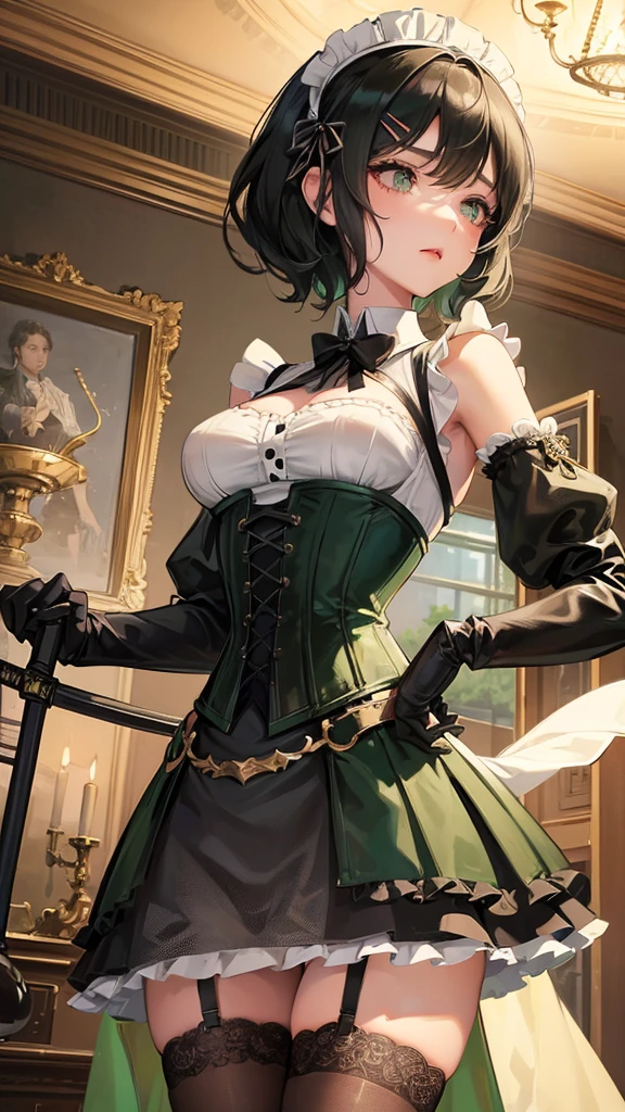 1 girl, anime, high quality, intricate details, black hair, fluffy hair, short hair, elegant, futuristic setting, maid dress, stockings, green streaks in hair, steampunk accessories, stoic expression, lacy umbrella, curvy build, lacy gloves, confident pose, corset, mansion, maid, indoors, hairclips, light green eyes, black hair