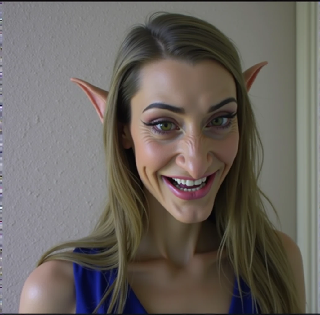 a detailed evil goblin with a big nose, long pointy goblin ears,, big forehead, long hair, raised eyebrows, perfect teeth, wearing a blue dress, evil laugh, cinematic lighting, hyper realistic, 8k hd resolution, highly detailed, photorealistic, masterpiece, hair tucked behind long pointy ears