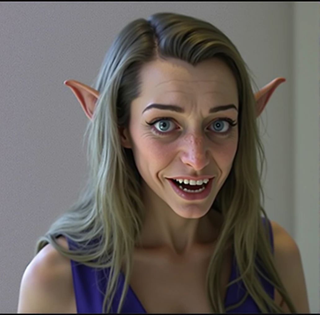 a detailed evil goblin with a big nose, long pointy goblin ears,, big forehead, long hair, raised eyebrows, perfect teeth, wearing a blue dress, evil laugh, cinematic lighting, hyper realistic, 8k hd resolution, highly detailed, photorealistic, masterpiece, hair tucked behind long pointy ears