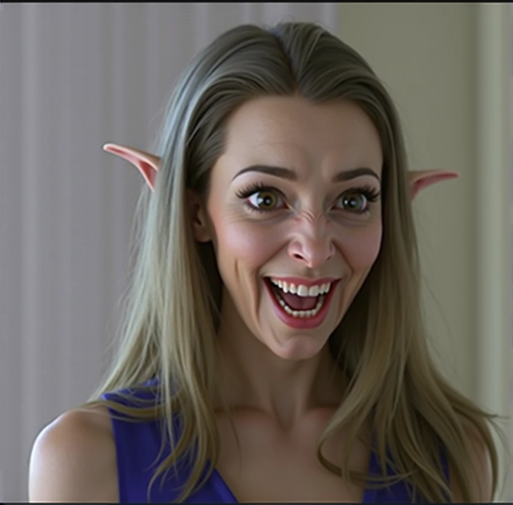 a detailed evil goblin with a big nose, long pointy goblin ears,, big forehead, long hair, raised eyebrows, perfect teeth, wearing a blue dress, evil laugh, cinematic lighting, hyper realistic, 8k hd resolution, highly detailed, photorealistic, masterpiece, hair tucked behind long pointy ears