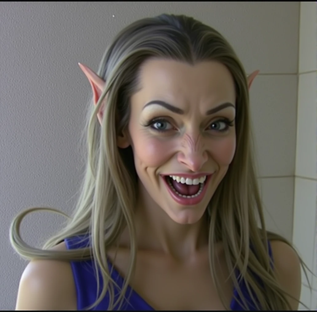 a detailed evil goblin with a big nose, long pointy goblin ears,, big forehead, long hair, raised eyebrows, perfect teeth, wearing a blue dress, evil laugh, cinematic lighting, hyper realistic, 8k hd resolution, highly detailed, photorealistic, masterpiece, hair tucked behind long pointy ears