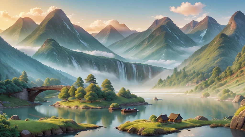 The image you just described is a traditional East Asian landscape painting.   It has misty mountains with sharp peaks, some partially obscured by clouds or fog.   A waterfall cascades down one of the mountains.   In the foreground, there are two small boats in what appears to be calm waters.   Birds are flying across the scene, suggesting dawn or dusk.   The painting's use of soft colors and blurred lines give it a feeling of tranquility and elegance.   Pretty