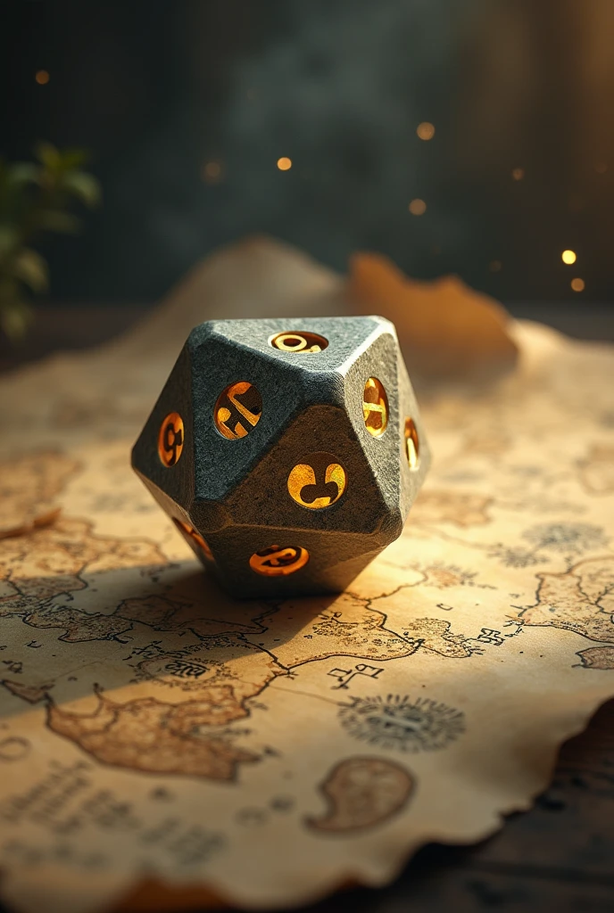 A D20 rolling under an old map