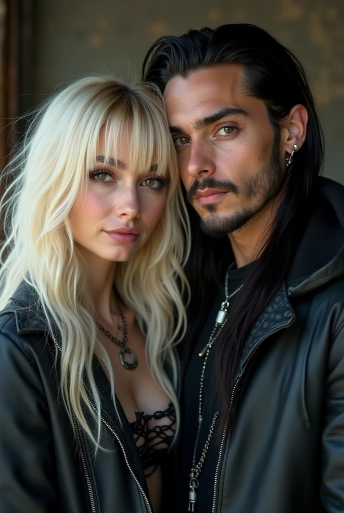 Make an image of an alternative couple with these characteristics:
Woman: She has pearly blonde hair, long and past the shoulder, with a fringe. She also wears a lip piercing and brown eyes man: He is a metalhead with dark hair and long hair down to his waist, very long hair, has dark brown eyes and has a mustache and goatee