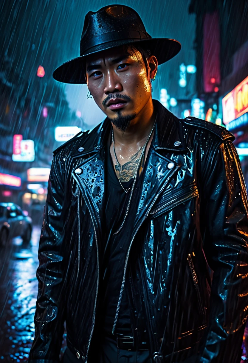 a tough asian man in a black leather jacket, black gangster felt hat, black business suit, part of a dragon tattoo visible on his neck, mean expression, rainy bangkok night, (best quality,4k,8k,highres,masterpiece:1.2),ultra-detailed,(realistic,photorealistic,photo-realistic:1.37),chiaroscuro lighting,dramatic cinematic lighting,hyper realistic,highly detailed face,extremely detailed eyes and face,longeyelashes,sharp focus,vivid colors,dark moody atmosphere,neon lights,rain effects,gritty urban environment,cyberpunk,neo-noir,concept art,digital painting