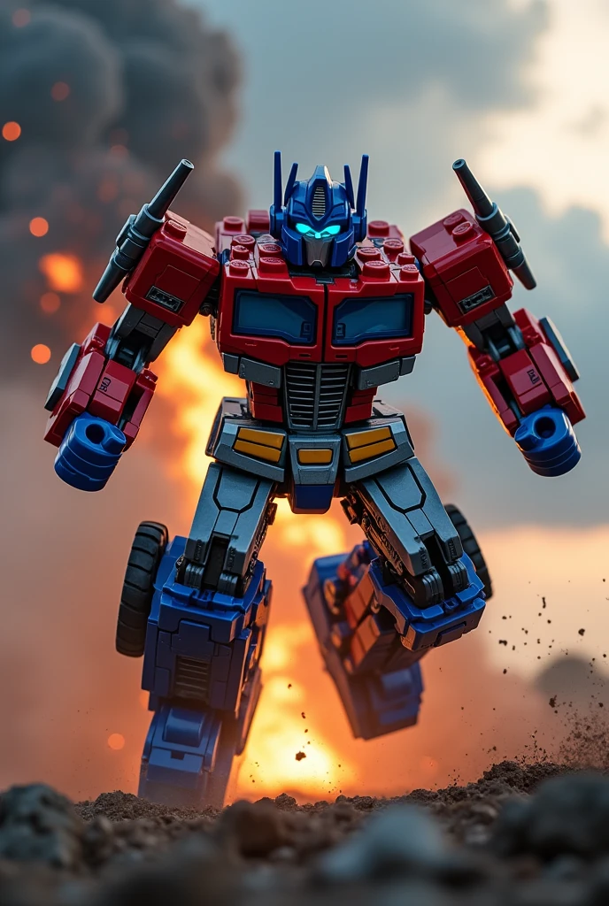 Lego Optimus Prime, robot warrior, leaping against dark cloudy sky, intense battle background, dynamic explosion effects, cinematic lighting, highly detailed, 8K, (best quality,4k,8k,highres,masterpiece:1.2),ultra-detailed,(realistic,photorealistic,photo-realistic:1.37),epic action scene,dramatic pose,intricate mechanical design,glowing energy,sparks,dust,devastation,cinematic angle,dramatic lighting