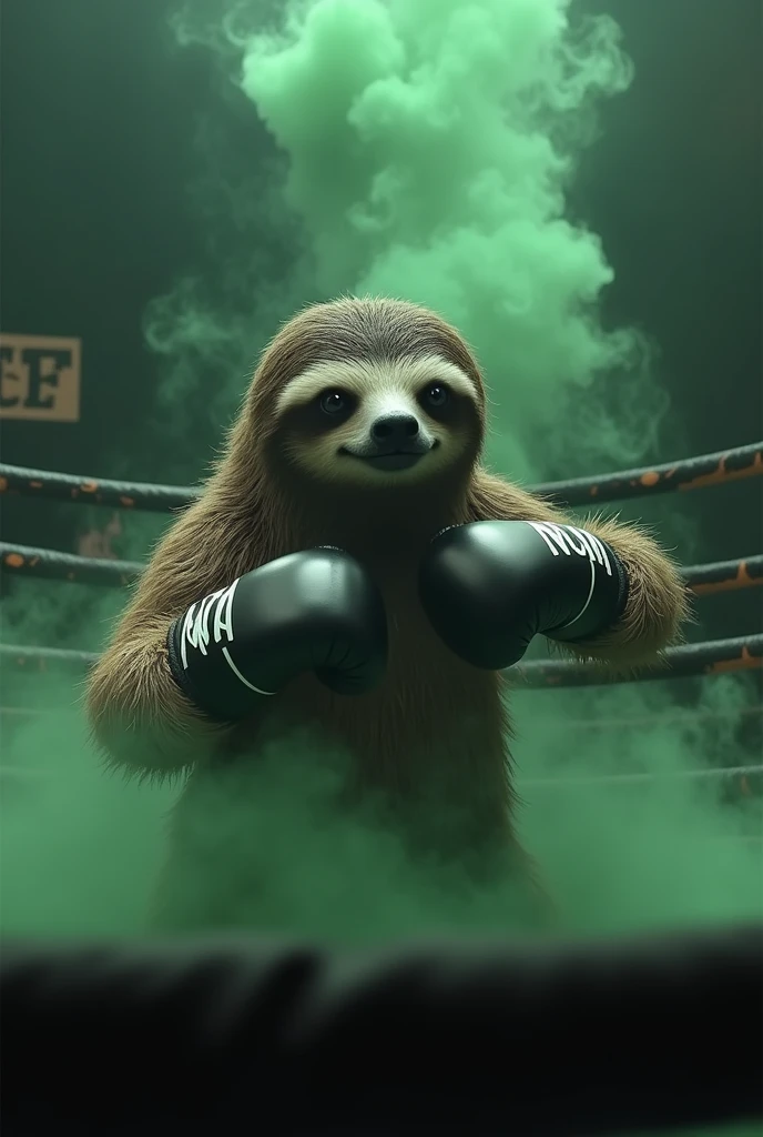 Create a picture of a sloth boxer with black and white gloves and the name “Nata” written on the wrists., above the ring, the ring that is black with green smoke, and in the same image say “CT” in green like smoke but small, all animated