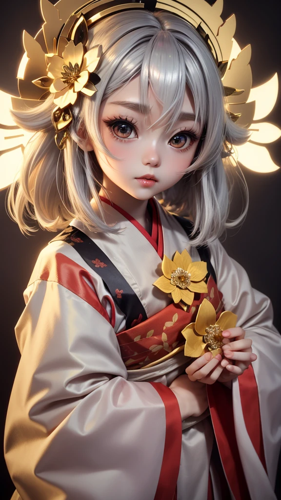 Cute doll-like girl　Japanese style　Golden kimono　Bob Hair　Silver Hair　Gorgeous large flower hair ornament　Golden halo　Big eyes　
Gaze, Angel Halo, The background is glowing
