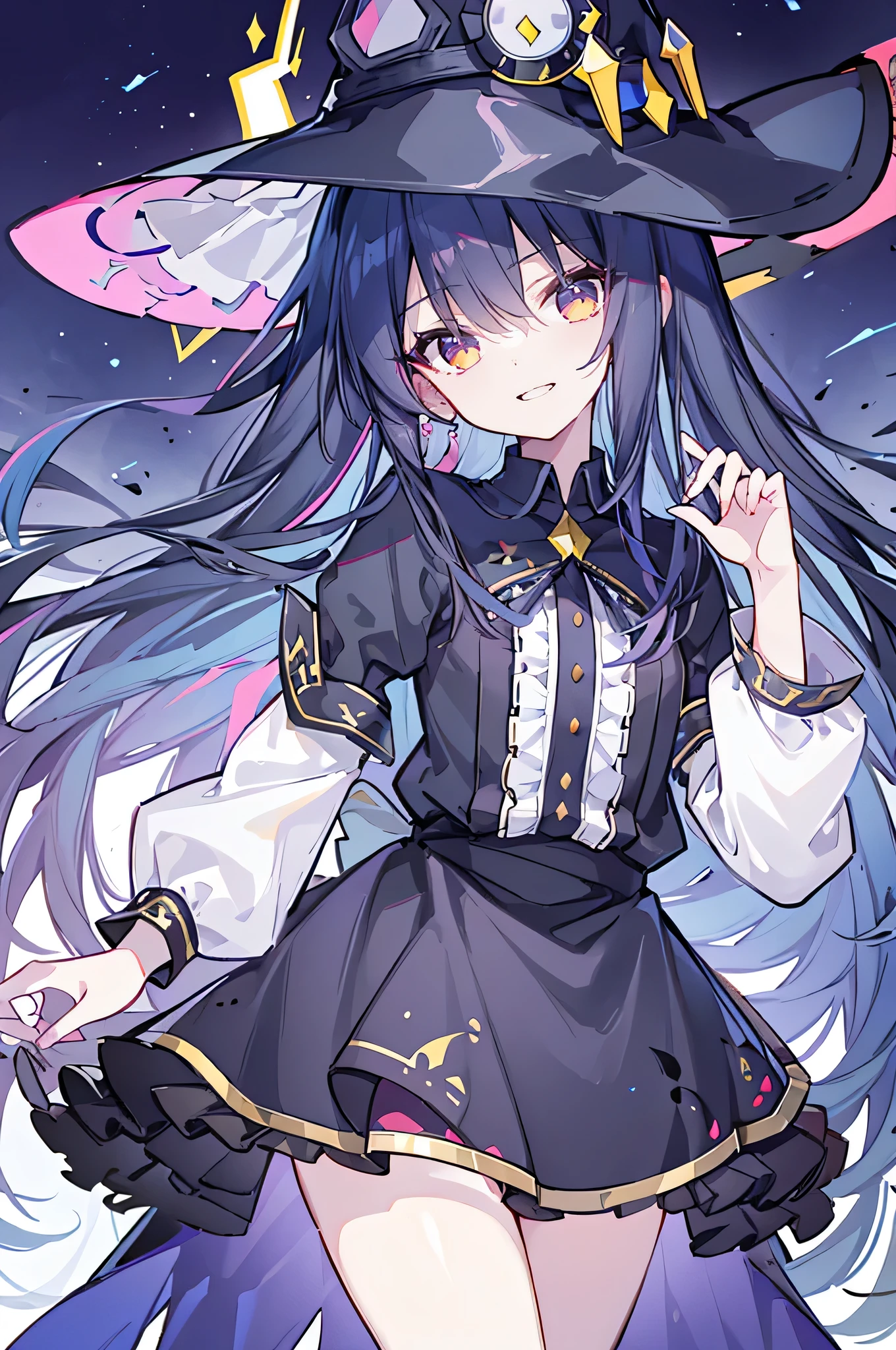 oung Girls,Humanity,A magician always smiles,big witch hat,cute,dark blue long hair,The eyes are dull,The bangs are heavy,Thin eyebrows,fantasy,intake,Double teeth,Star Theme,Constellation pattern,Solid color clothetal decoration,cloak,A bit of a dark atmosphere,A little crazy smile,When the big moon shines outside at night,blood,Hair black star embellishment,Short tie,No nails,High waist skirt,Bell sleeves,Long-sleeved shirt,Black tie,low risk,gentlemen。Mist、Yellow and white effect,Shocking pink as an accent color
