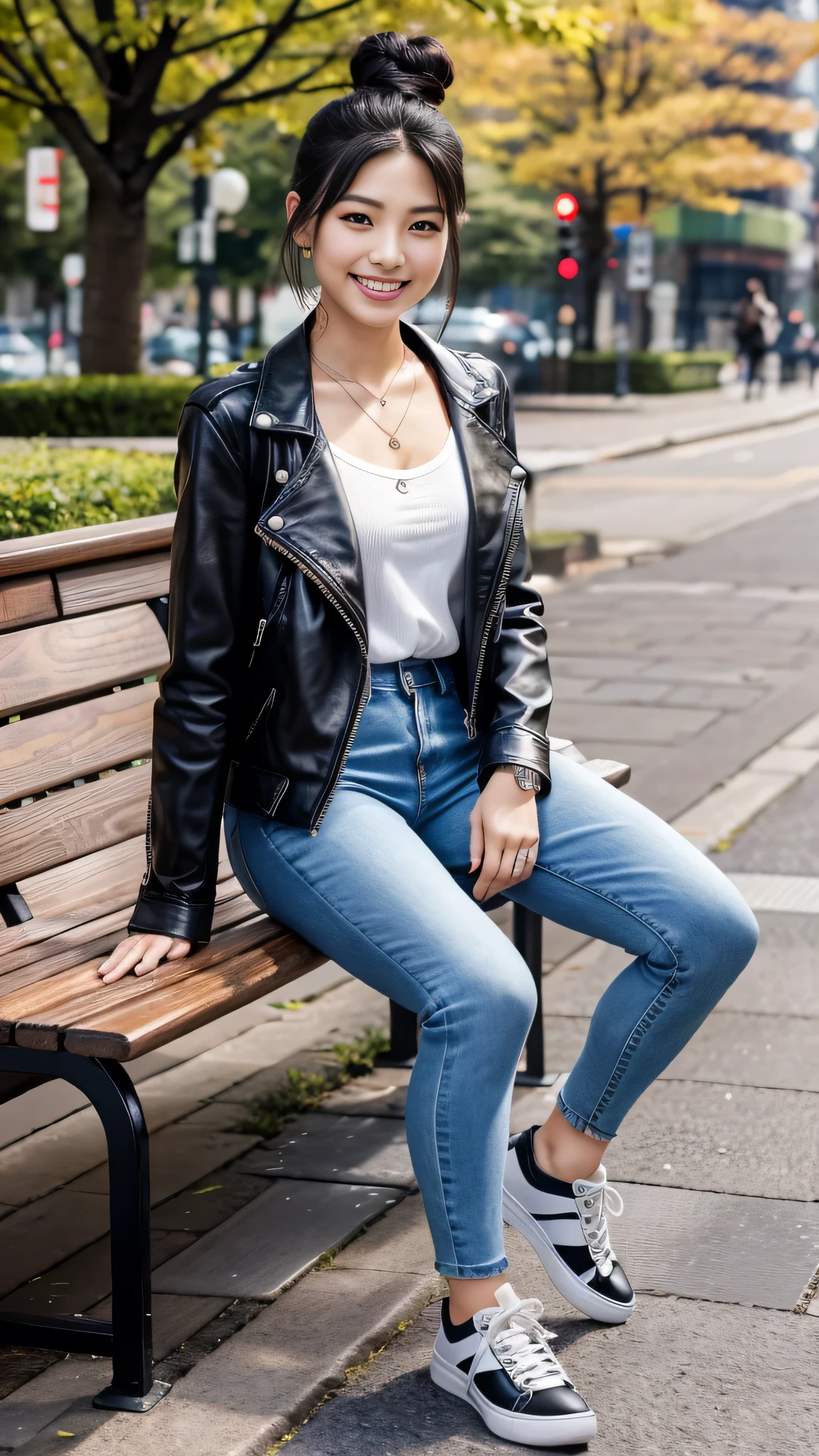 Super Resolution、Beautiful Japanese Women、Full body photo、sitting on a park bench、Black Hair、Hairstyle bun、Ear piercing、necklace、leather jacket、shirt、Skinny jeans、sneakers、smile、Beautiful teeth alignment