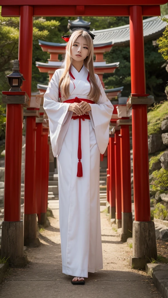 White Demon Fox、Nine-tailed Fox、Japanese women、kimono、Fair skin、Red lines on face、8K、I have long hair、Shrine grounds、red torii、night