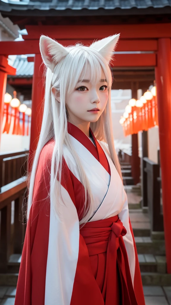 White Demon Fox、Nine-tailed Fox、Japanese women、kimono、Fair skin、Red lines on face、8K、I have long hair、Shrine grounds、red torii、night