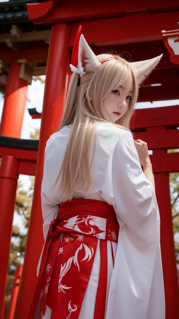 White Demon Fox、Nine-tailed Fox、Japanese women、kimono、Fair skin、Red lines on face、8K、I have long hair、Shrine grounds、red torii、night