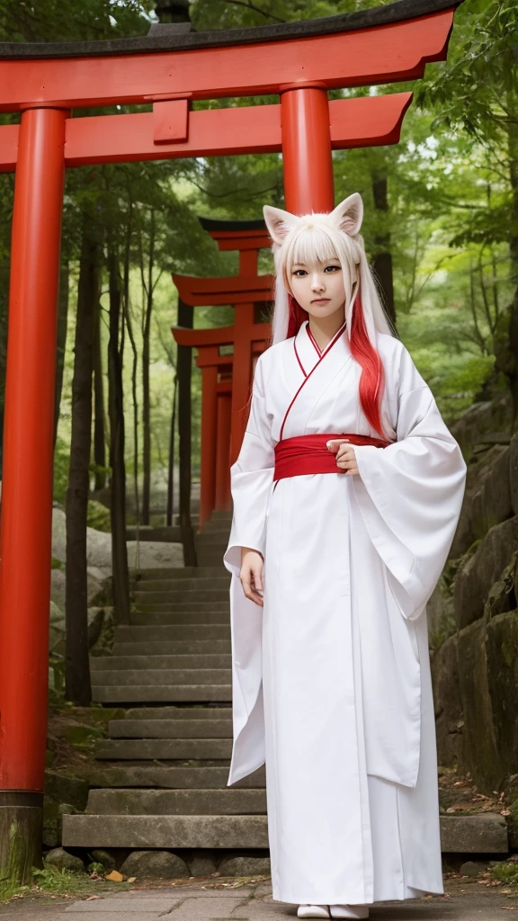 White Demon Fox、Nine-tailed Fox、Japanese women、kimono、Fair skin、Red lines on face、8K、I have long hair、Shrine grounds、red torii、night