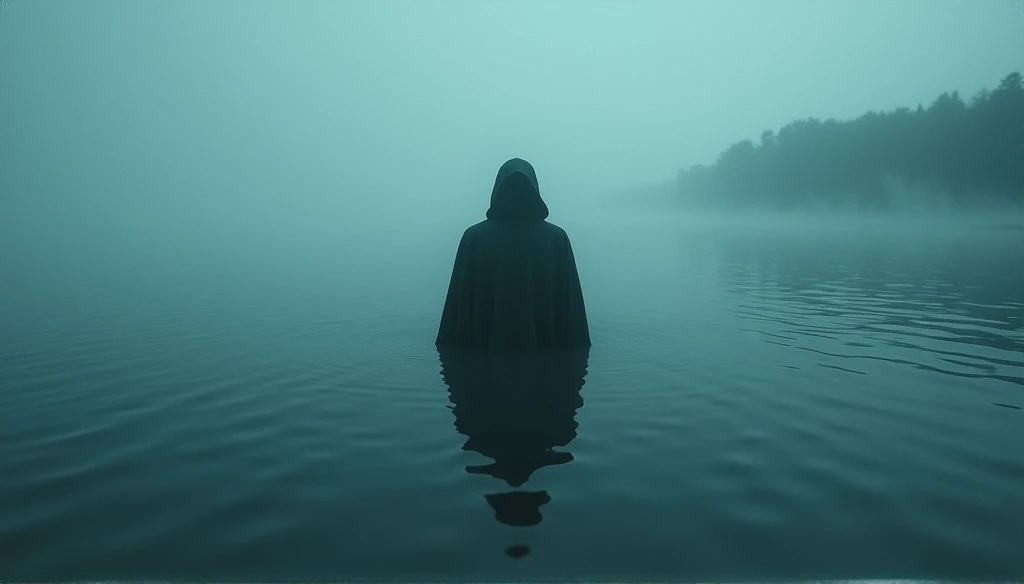 Create a mysterious image, Mysterious human presence on the water surface.