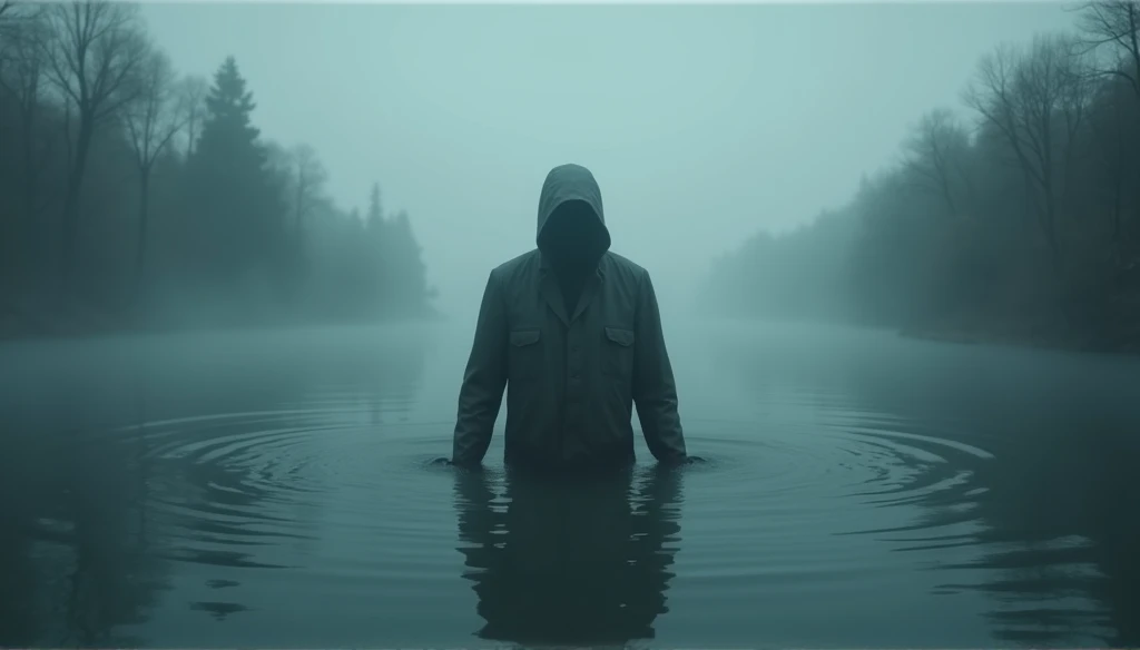 Create a mysterious image, Mysterious human presence on the water surface.
