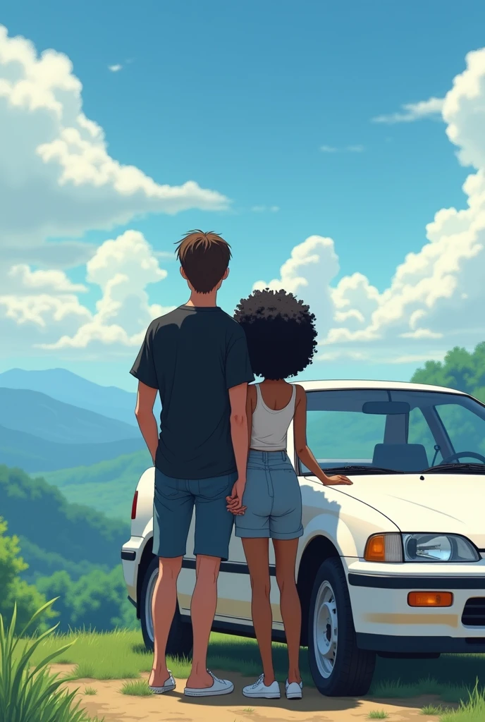 Couple leaning against a white 1995 Honda Civic coupe, envisioning a beautiful landscape. The husband is white, has 1.73 tall and weighs 63kg. He has straight, dark brown hair., light brown eyes and black loose shirt. The woman is black, has 1.59 tall and weighs 46kg. Ela tem black power. Japanese anime style photo. The woman is black!!! black woman with curly hair 