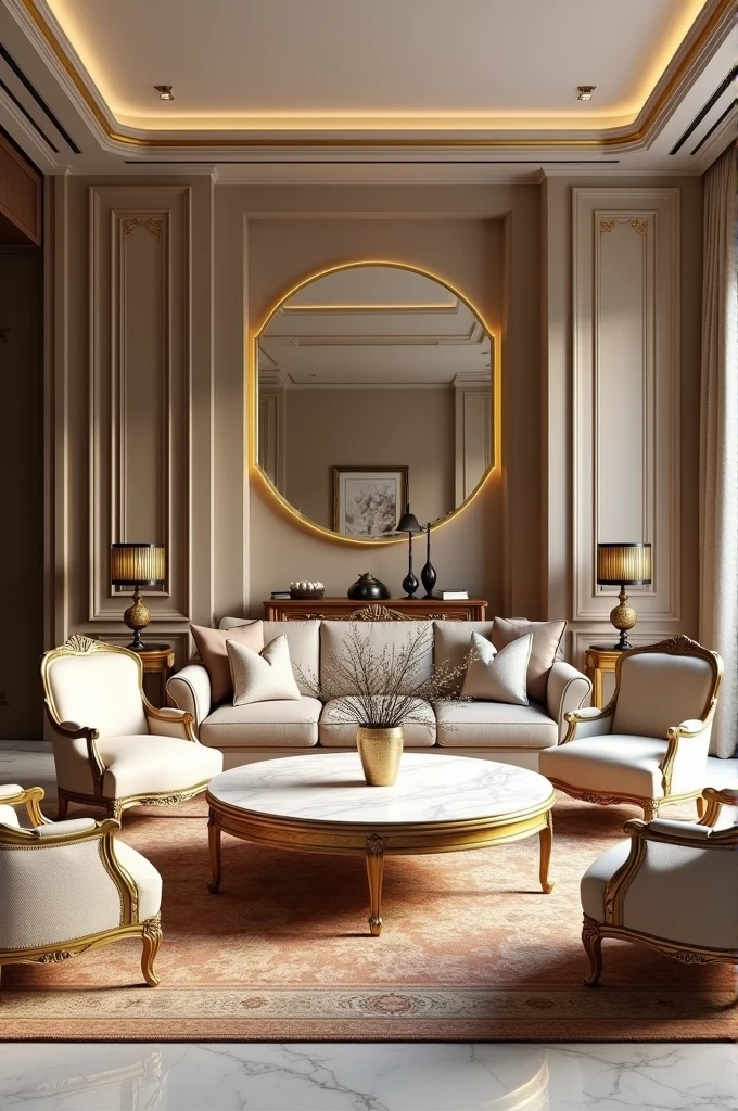 Professional 3d architecture rendering design of modern and gold French design for living room with elegant wooden and white middle marble slab stone middle table with elegant French chairs and silk Persian carpet and elegant curtains and clothes wall and showing complete
