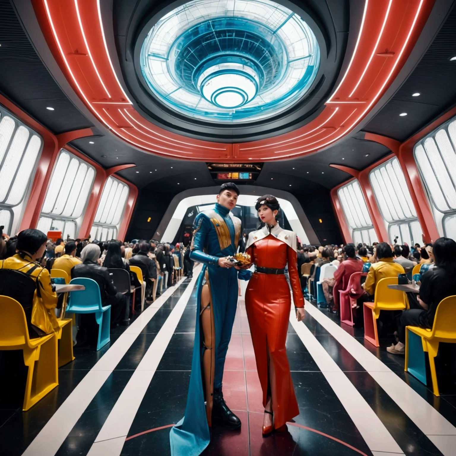 one city with focus on "Agora Hall" in a retro-futuristic style from the 1950s. The hall should be filled with people, all dressed in retro-futuristic attire. Some are wearing sleek, mid-century modern clothing with futuristic twists, while others are in uniforms reminiscent of a spacefaring society. A few individuals are clad in ornate, battle-ready armor with a 1950s sci-fi aesthetic. And the walls feature geometric patterns and futuristic murals. The atmosphere is bustling, capturing the energy and diversity of this imagined society. The overall scene combines vintage futuristic design with a sense of community and readiness for adventure