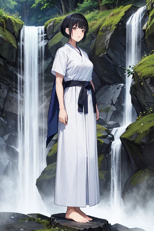 Anime Art、Full body portrait、Fighter、Waterfall background、A tall woman, about 170cm tall and about 32 years old, wearing a white judo uniform, showing her profile、wearing a dark blue hakama、Calm expression、The hairstyle is a short cut、Black Hair、barefoot、Wet、Dark Eyes、Draw facial expressions clearly