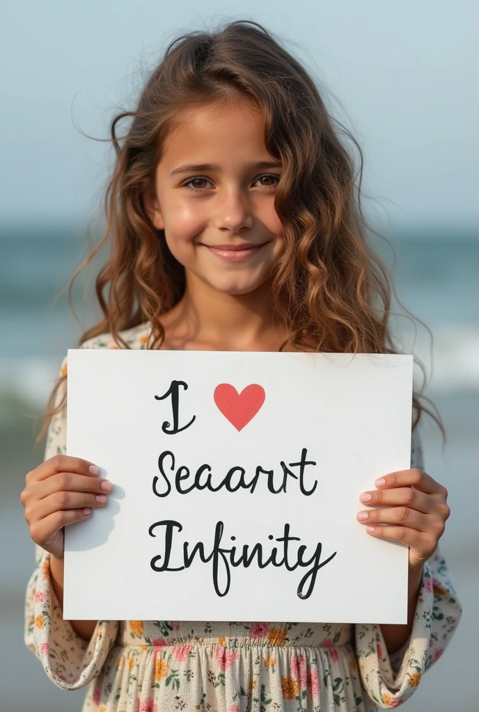 Beautiful girl with wavy long hair, bohemian dress, holding a white board with text "I Love Seaart Infinity" and showing it to the viewer