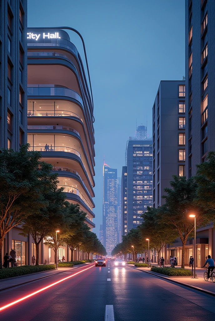 City Hall, low rise buildings,5 story buildings, streamline moderne,futuristic architecture, Abstraction,modern style,Luxury and Luxury,Future night view,Futuristic decorative elements,Metallic,number line,sci-fi lamp,Virtual Engine,Unreal rendering, neon lights, greenery, wide sidewalks, bike lanes, pedestrians, cyclists,