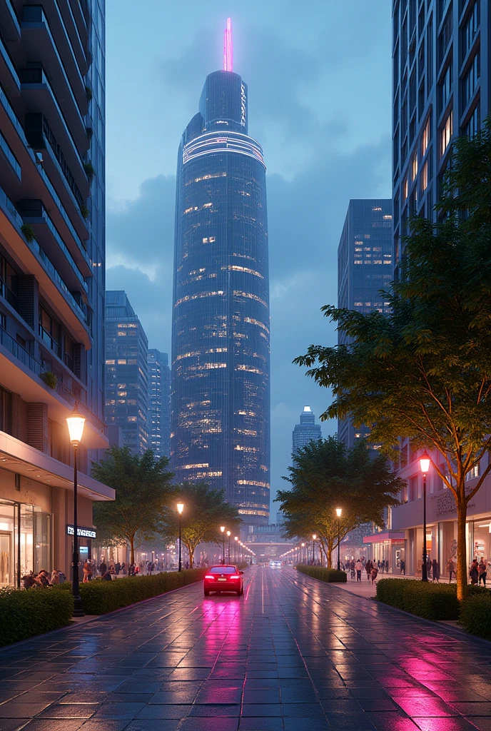 City Hall, low rise buildings,5 story buildings, streamline moderne,futuristic architecture, Abstraction,modern style,Luxury and Luxury,Future night view,Futuristic decorative elements,Metallic,number line,sci-fi lamp,Virtual Engine,Unreal rendering, neon lights, greenery, wide sidewalks, bike lanes, pedestrians, cyclists,
