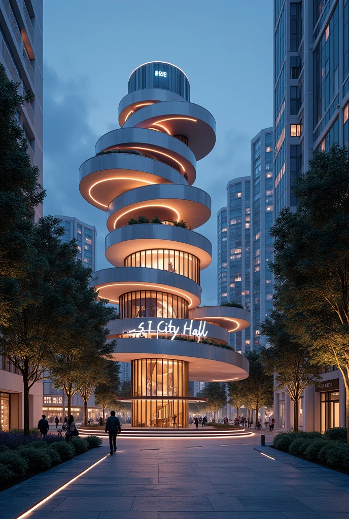 City Hall, low rise buildings，5 story buildings, streamline moderne，futuristic architecture, Abstraction，modern style，Luxury and Luxury，Future night view，Futuristic decorative elements，Metallic，number line，sci-fi lamp，Virtual Engine，Unreal rendering, neon lights, greenery, wide sidewalks, bike lanes, pedestrians, cyclists,

