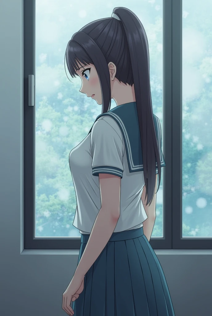 Behind the frosted glass, masterpiece, best quality, breasts_on_glass,1girl, fit body, sweat, breasts on windows, drop of water, breasts squeezed by glass, school uniform, no bra,