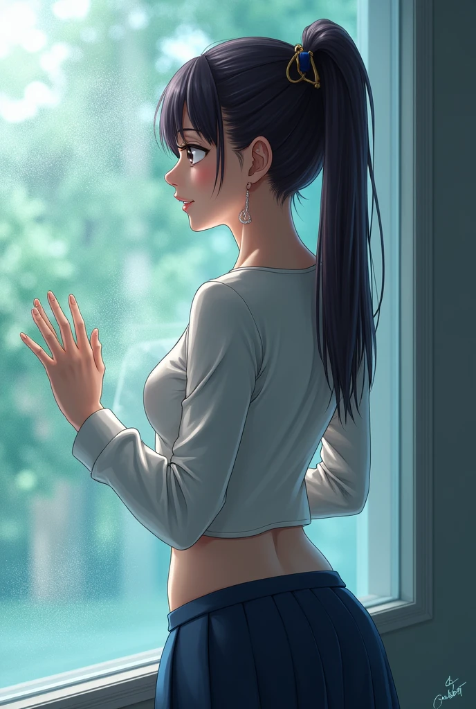 A woman in underwear brushing her teeth,,Back view, Facing the mirror, I can see your sleepy profile,Ahoge,Bedhead,