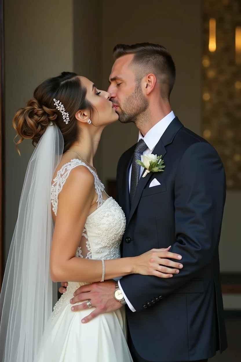 Marriage of a woman and a man. Woman dressed as a bride and man in suit and tie. The two kissing