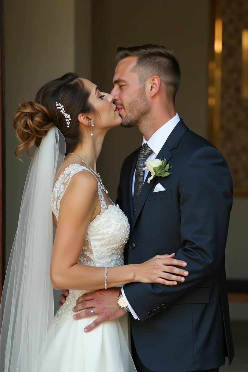 Marriage of a woman and a man. Woman dressed as a bride and man in suit and tie. The two kissing 