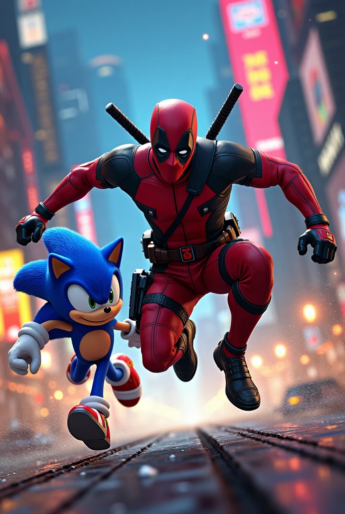 Deadpool chasing Sonic movie character