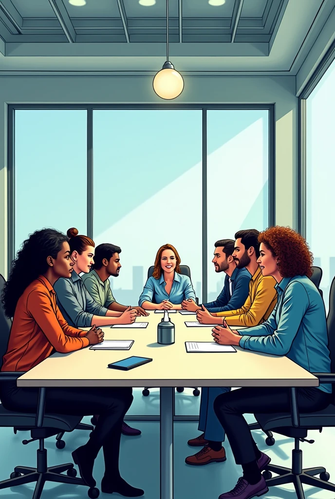 • Comic style image of a modern conference room with a large table and chairs.
• A diverse group of young people sitting around the table, Looking forward.